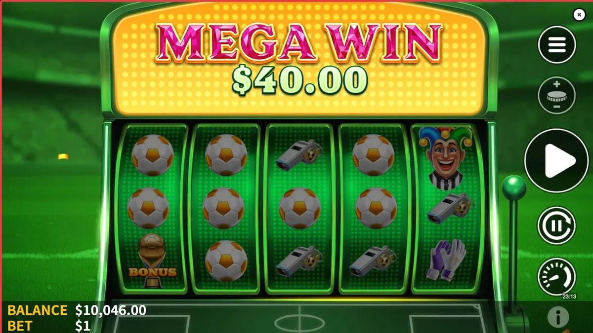 Interface do jogo de slot Soccer Joker com elementos de futebol e neon