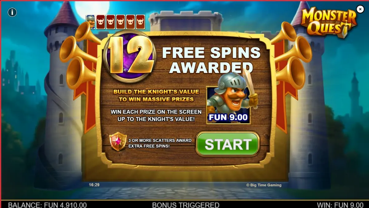 Interface do slot Monster Quest com cavaleiro e dragão